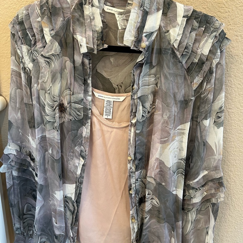 Diane von Furstenberg Sheer Floral Ruffle Blouse in Gray and Cream